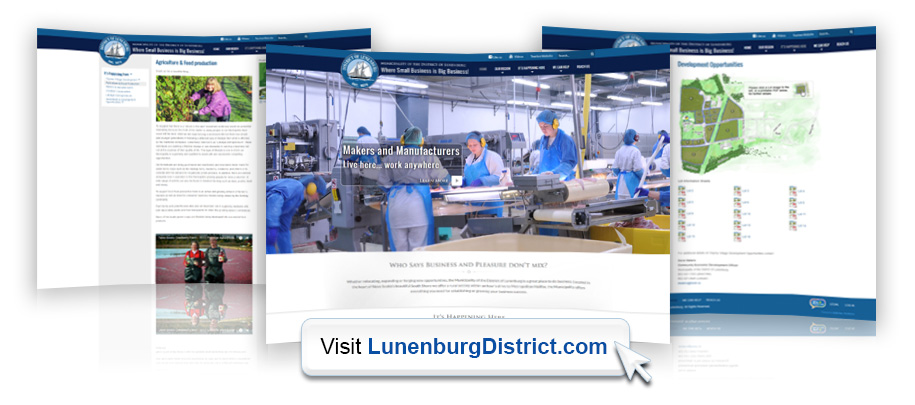 a graphic link to LunenburgDistrict.com featuring Makers and Manufacturers web page and other web pages in the background